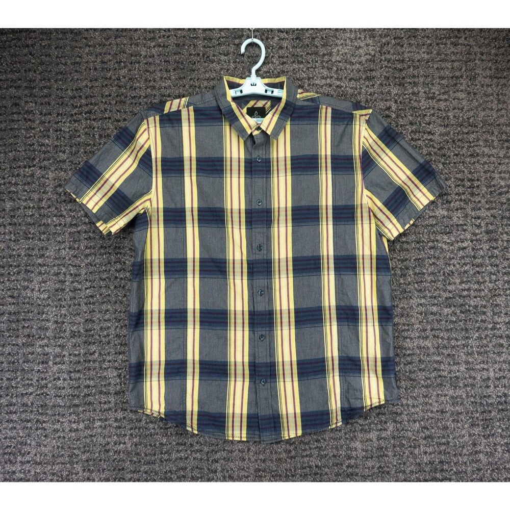 Prana Shirt Mens XL Gray Yellow Plaid Short Sleeve Organic Cotton Casual Preppy